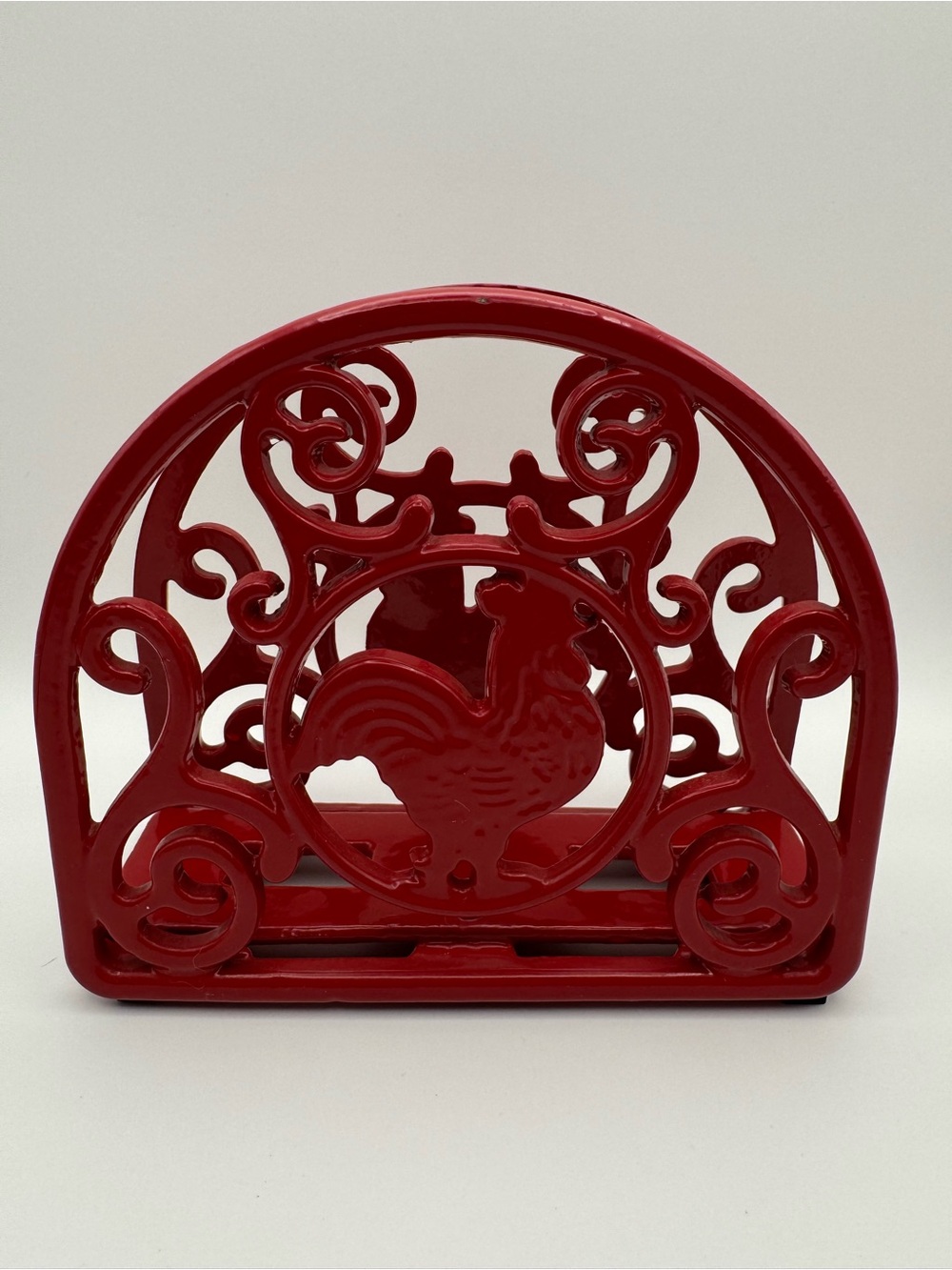Title Vintage Red Cast Iron Rooster Napkin Holder Scroll Farmhouse Kitchen Decor